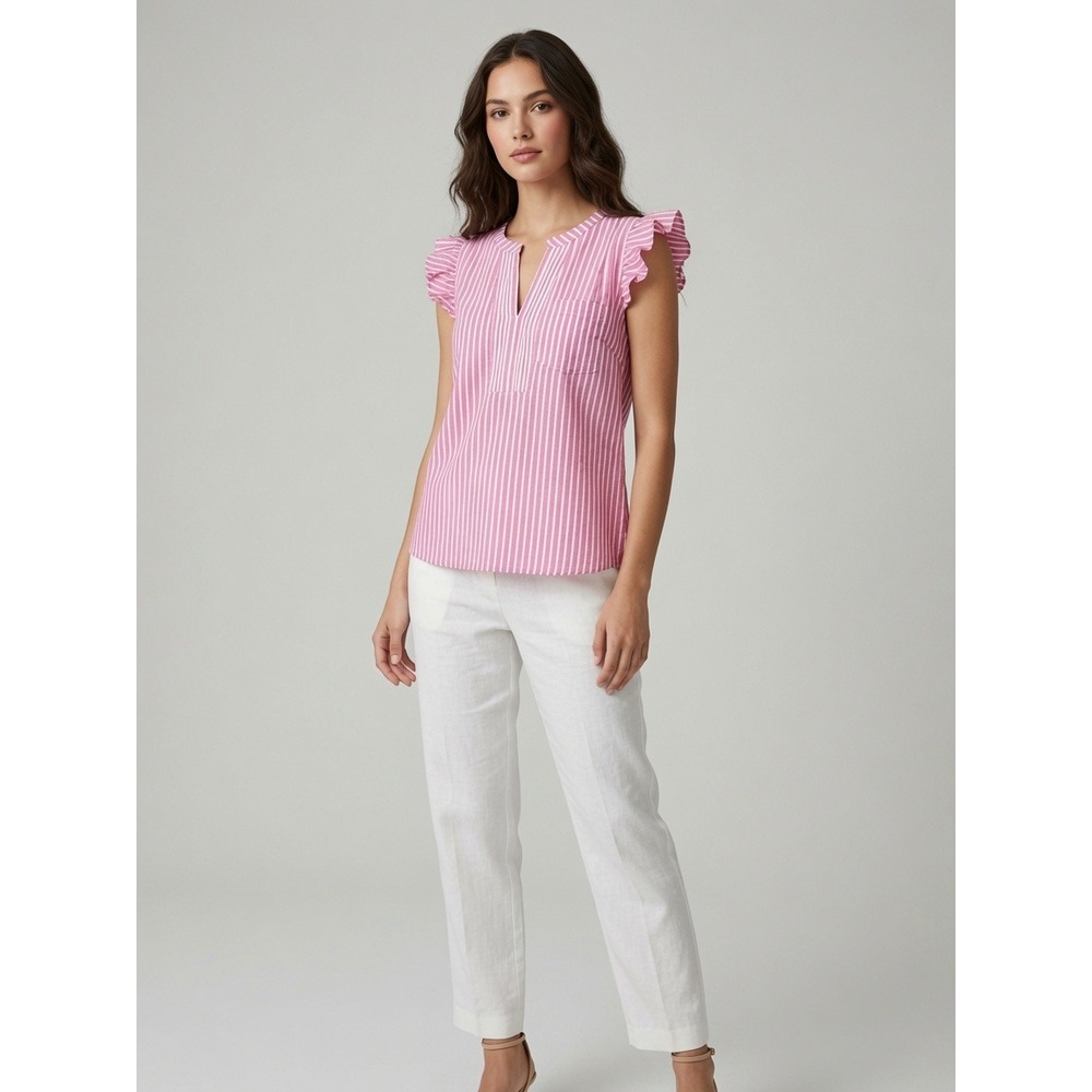 J.Crew Pink Striped Ruffle Sleeve Split Neck Top XS NEW Office Picnic Romantic